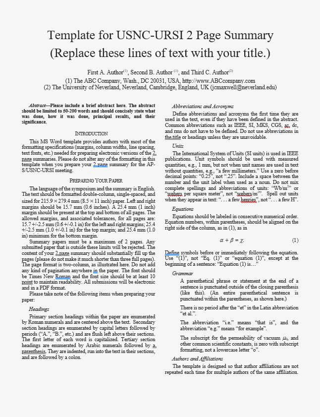 Publish-ready 2-Column, 2-Page URSI Paper